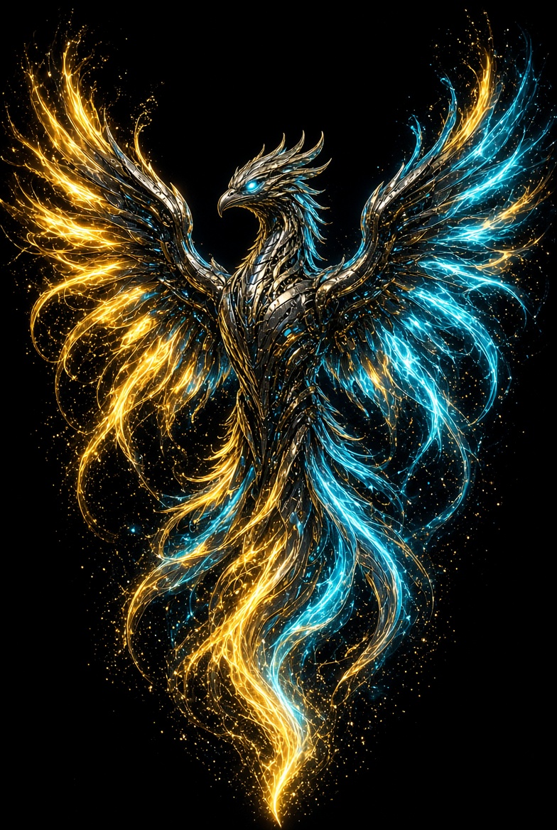 Armored blue and gold cybernetic phoenix with wings spread